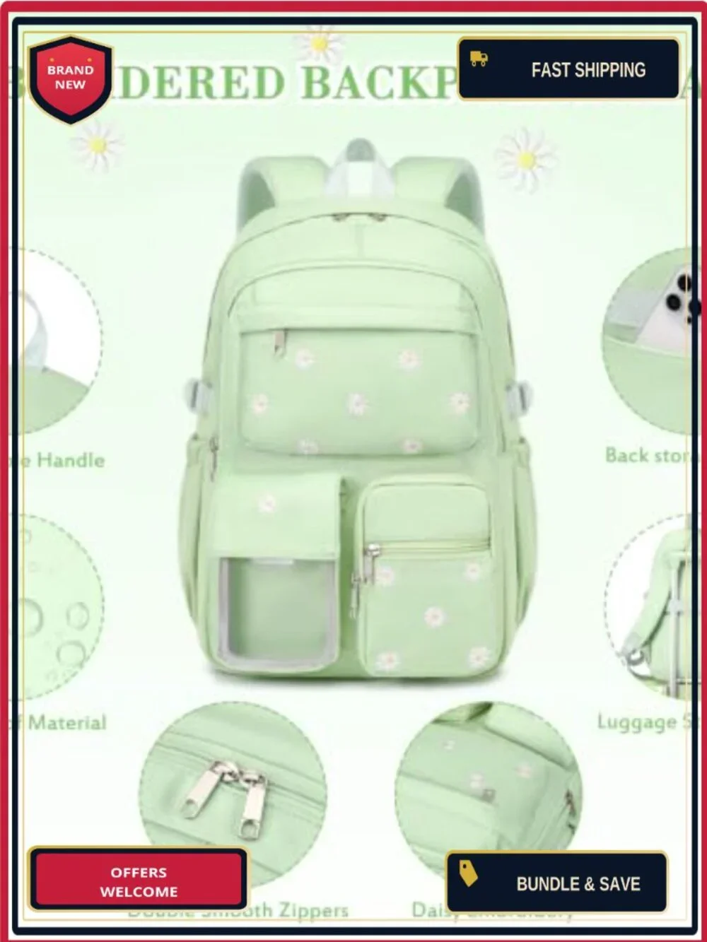 3PCS Girls Backpack Set with Lunch Bag and Pencil Case, Embroidered Floral,